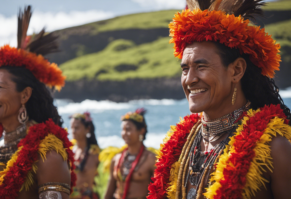 An image showcasing vibrant Rapa Nui social events and festivals, depicting locals adorned in traditional attire, dancing to rhythmic beats around a ceremonial platform, while majestic stone statues loom in the backdrop, symbolizing the cultural significance of the Rapa Nui Calendar