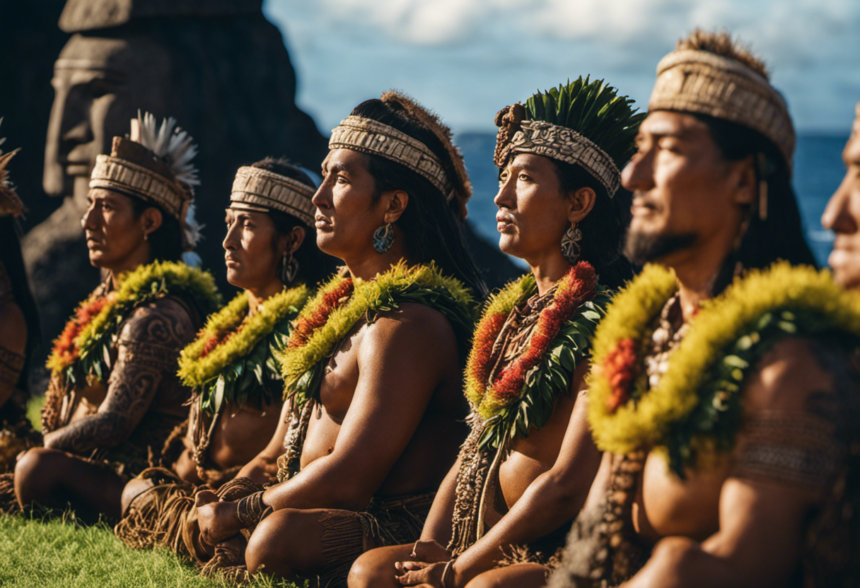 An image showcasing a group of Rapa Nui people gathered around the Ahu Tongariki, engaged in a vibrant religious ceremony