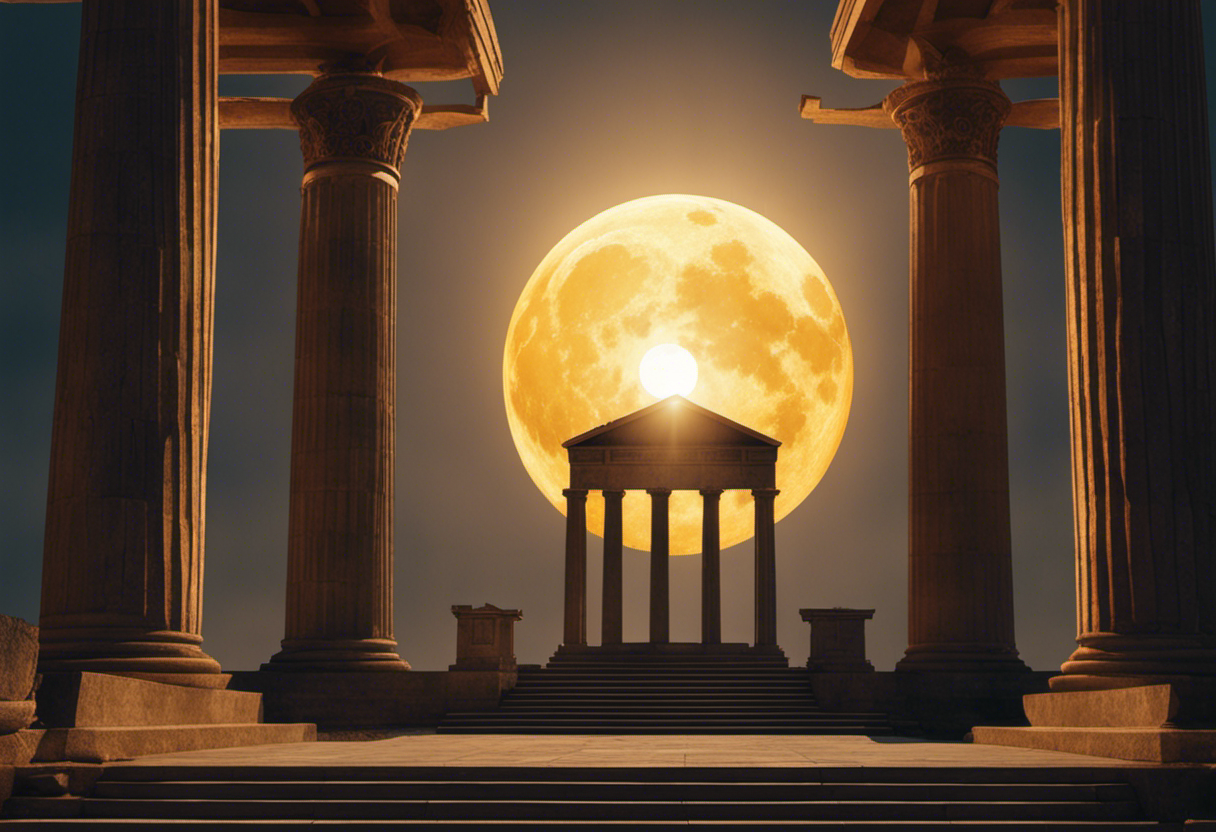 An image depicting a mesmerizing alignment of the moon and sun, casting an ethereal glow upon an ancient Greek temple, symbolizing the celestial harmony that led to the discovery of the Metonic Cycle
