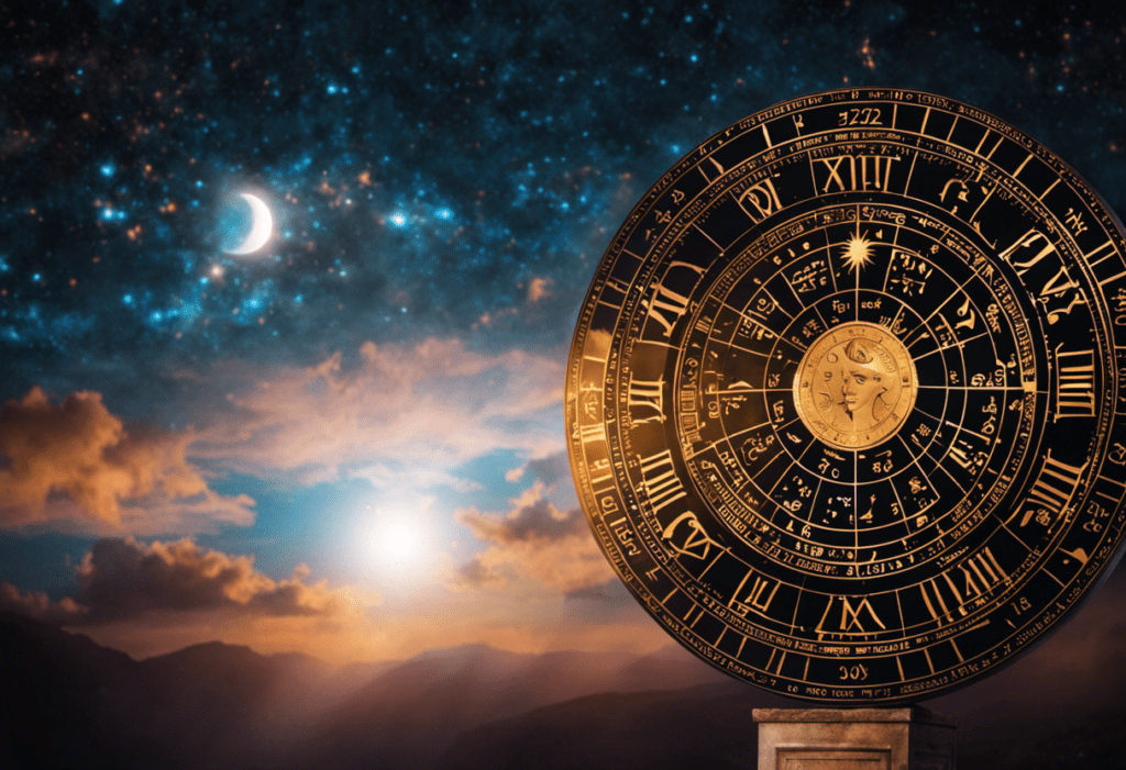 An image showcasing a vibrant celestial scene, with a moonlit sky revealing an intricately designed Greek calendar, interwoven with astronomical symbols, showcasing the Metonic Cycle's harmony between lunar and solar cycles
