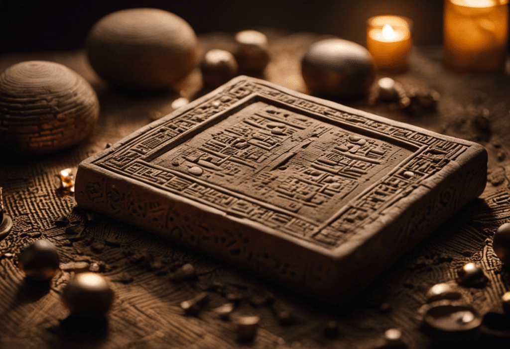 An image of a clay tablet inscribed with intricate cuneiform symbols, depicting celestial patterns and lunar phases, surrounded by ancient Mesopotamian artifacts like a ziggurat and an astrological instrument