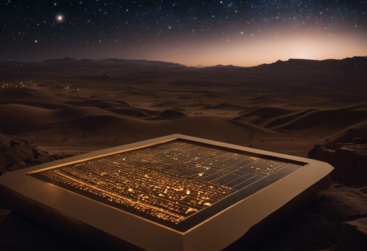 An image depicting a serene ancient landscape, where a group of Babylonian astronomers meticulously observe the night sky with advanced instruments, showcasing their deep connection with the cosmos and the birth of the Babylonian calendar