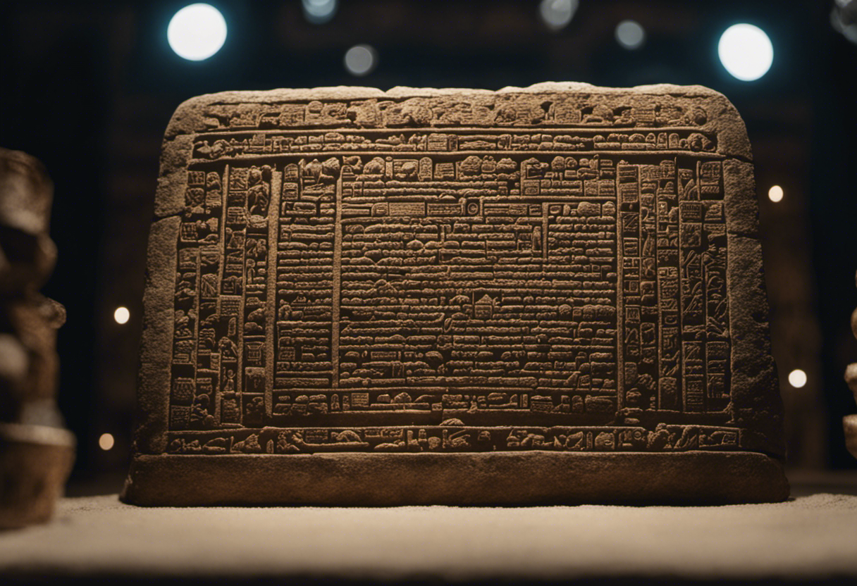 An image depicting a stone tablet inscribed with intricate cuneiform symbols, showcasing the Babylonian zodiac symbols alongside precise celestial alignments, representing the birth of the Babylonian calendar during Hammurabi's reign