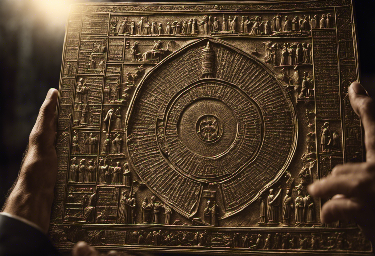 An image showing a group of priestly scholars gathered around a large ancient tablet, meticulously etching symbols representing celestial events, as they collaborate to craft the intricate Babylonian calendar