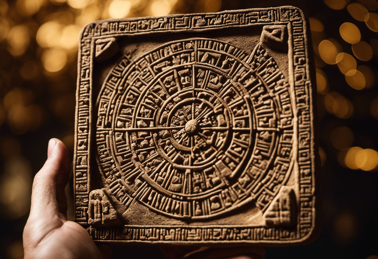 An image depicting an ancient clay tablet with intricate cuneiform markings, showcasing the intricate design of the Babylonian calendar