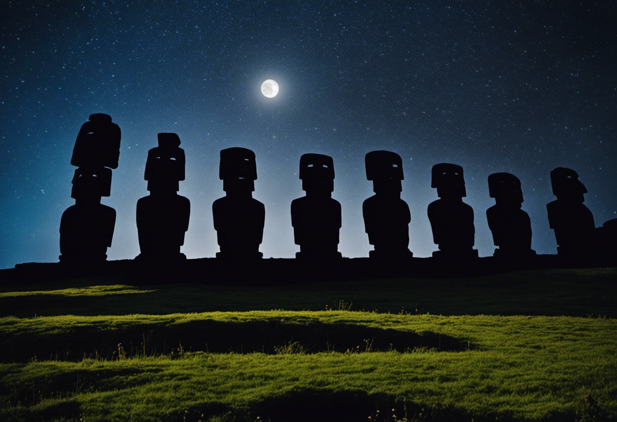 An image depicting a star-filled night sky above the Rapa Nui landscape, with the iconic stone heads (moai) aligned in a row