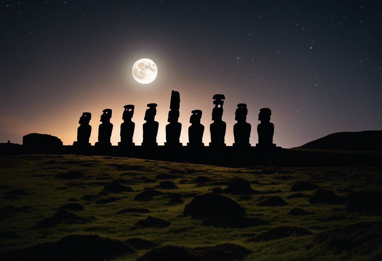 An image depicting the ethereal glow of a full moon casting its luminous light over the iconic Moai statues on Rapa Nui, symbolizing the profound spiritual connection between the lunar cycles and the ancient calendar of the island