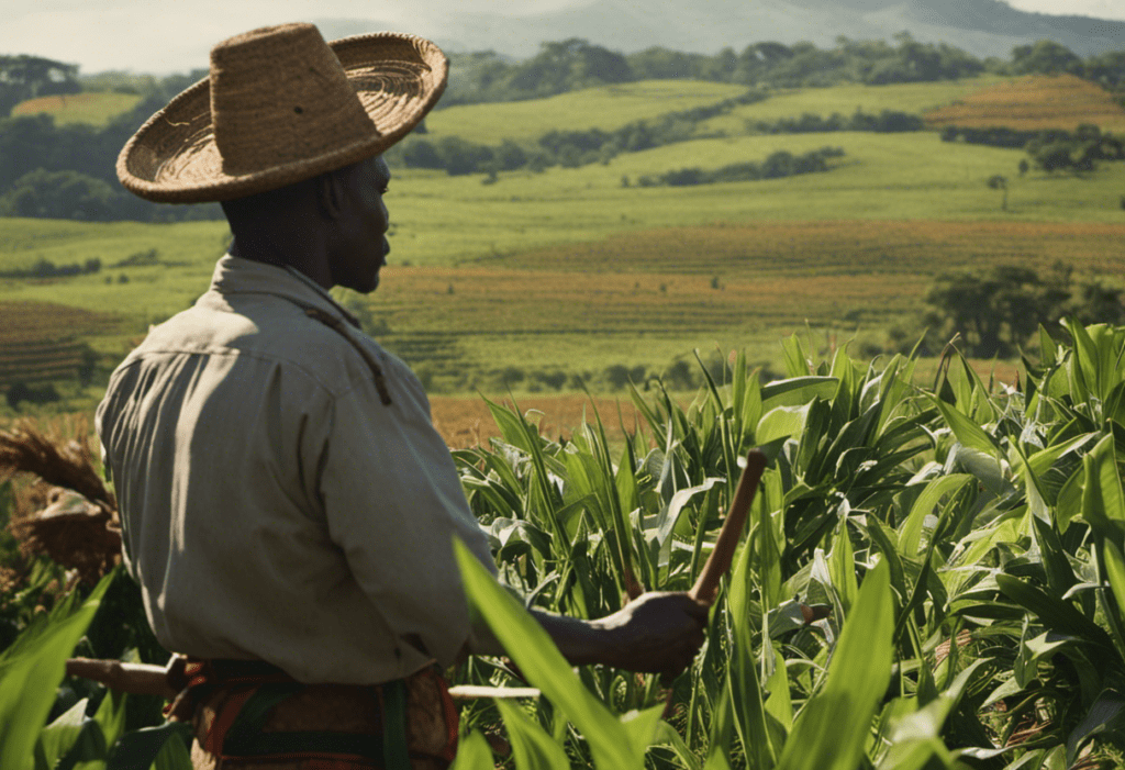 An image showcasing a Zulu farmer tending to a lush field, with a traditional Zulu calendar prominently displayed in the background