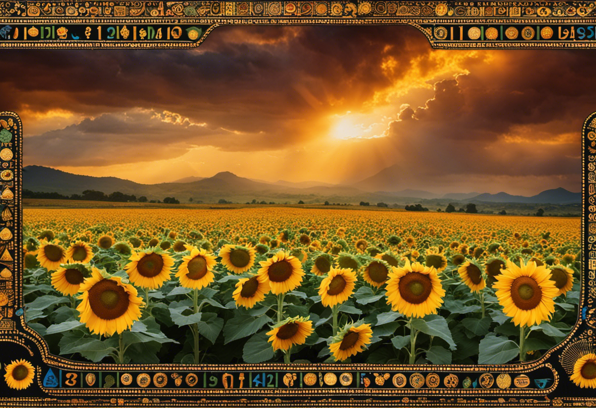 An image showcasing a vibrant Zulu calendar adorned with intricate agricultural symbols like sunflowers, maize, and rain clouds, symbolizing the profound role it plays in guiding farming practices and cultivating bountiful harvests