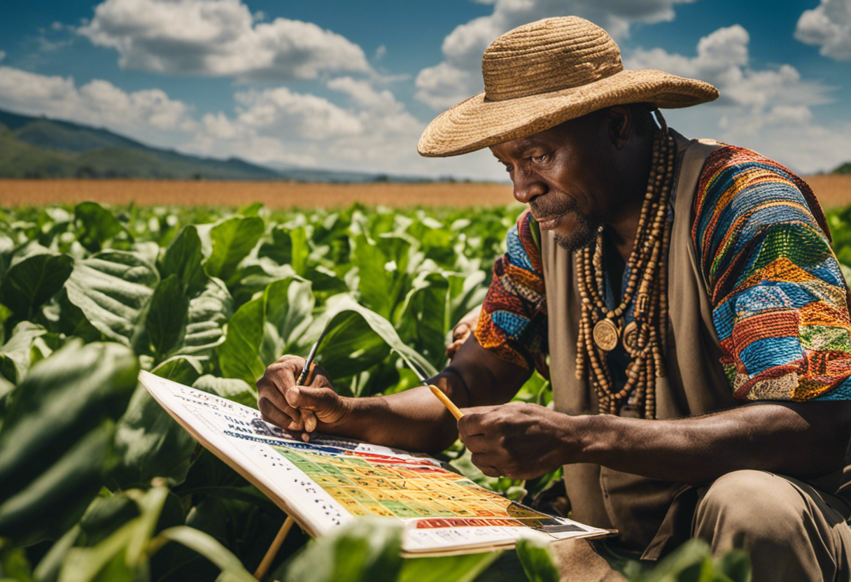 An image depicting a Zulu farmer studying the Zulu calendar, surrounded by vibrant crops and diverse weather patterns