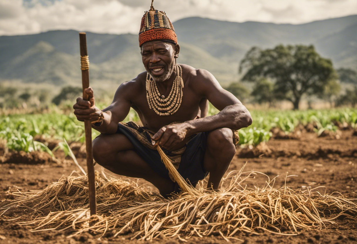 An image showcasing a Zulu farmer sowing seeds in sync with the Zulu calendar, depicting the intricate rituals and practices involved in traditional farming