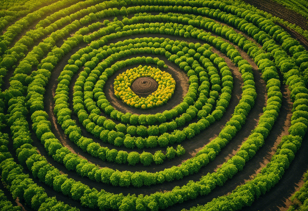 An image depicting a lush, vibrant farm landscape with different crops arranged in circular patterns