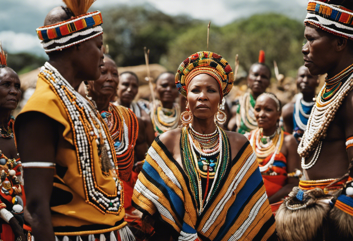 An image showcasing a Zulu woman adorned in vibrant traditional attire, surrounded by a circle of elders conducting a birth ceremony