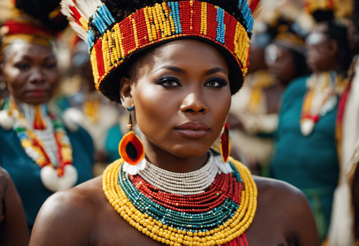 An image capturing the vibrant Zulu birth ceremony, featuring a traditional hut adorned with colorful decorations, surrounded by women wearing beaded necklaces and headdresses, symbolizing the significance of the Zulu calendar in celebrating new life