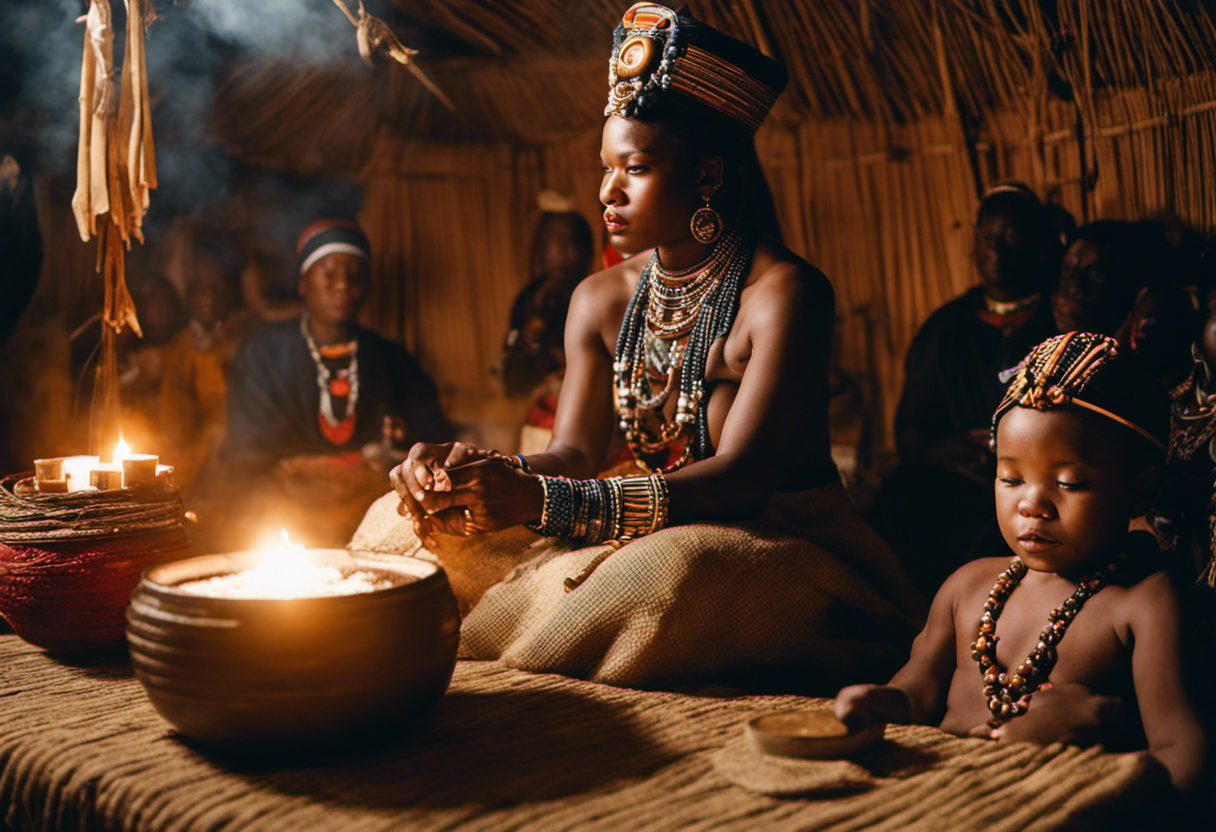 An image showcasing a Zulu birth ceremony, where a mother is surrounded by ancestral symbols and offerings